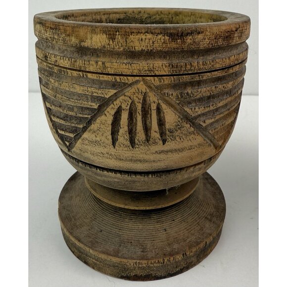 Vintage Wooden Hand Carved Pedestal Mortar/Cup/Vase‎ Set Of 2 Rustic - Picture 7 of 8